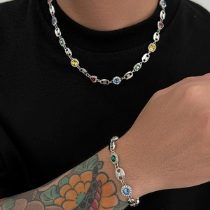 Parure de bijoux pour homme avec collier et bracelet à maillons en pierres colorées