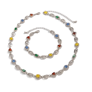 Parure collier et bracelet argentés avec maillons grains de café et pierres colorées