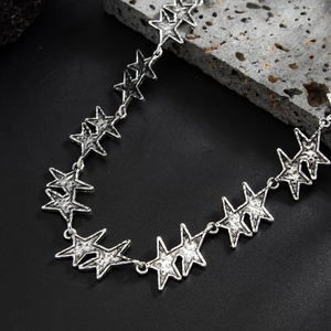 Hip hop silver pentagram star necklace with hammered texture on volcanic rock