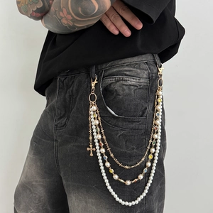 Hip-hop layered pants chain with white pearls, gold cross pendant and colorful gems