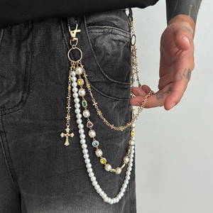Hip hop multilayer pants chain with colored stones, pearls, and cross pendant on jeans