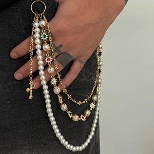 Punk multilayer trouser chain with pearls, gold cross pendant and star charms for jeans