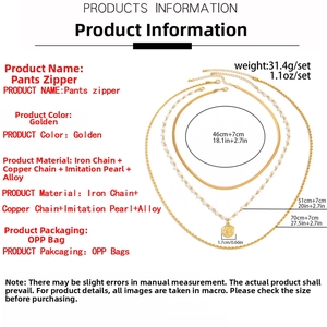 Size chart showing golden multi-layer necklace set dimensions and material specifications