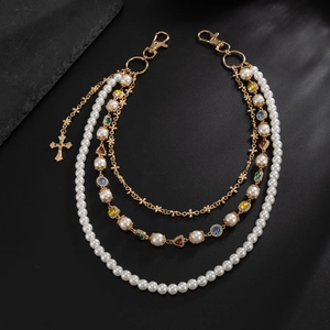 Hip hop layered pants chain with white pearls, multicolor crystals and cross pendant