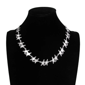 Silver stainless steel star choker necklace for men featuring a grooved punk design