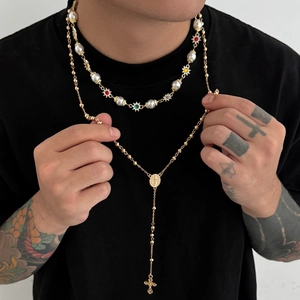 Men's hip-hop layered necklace with cross pendant, pearls, and colorful zircon stars