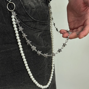 Men's hip-hop waist chain with white pearls and silver carved hollow pentagram stars