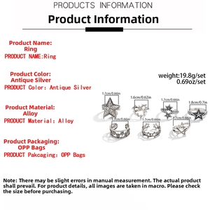 Size chart showing 7-piece antique silver star rings set with alloy material details