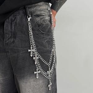Multi-layer silver metal pants chain with Gothic cross charms and feather pendants
