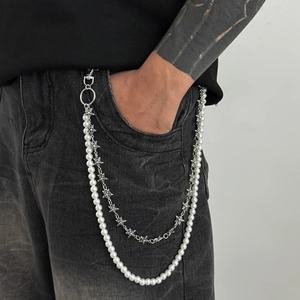 Dual-layer hip hop trousers chain with pearls and metallic stars on black jeans