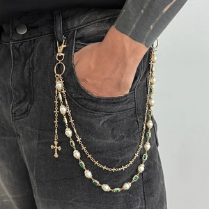 Retro Punk Mehrlagige Legierung Taillenkette Für Damen Herren Mit Kreuzanhänger Künstliche Perlenimitat Strass Dekorativ Hosenkette Accessoire