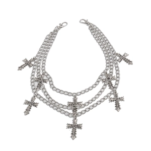 Multi-layer silver metal pants chain with feather cross pendants and lobster clasps