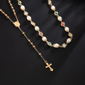Hip hop pearl rosary necklace with gold cross and religious medallion on black silk