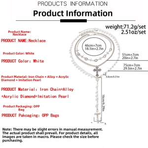 Detailed size chart of triple-layer cross pearl necklace with measurements and material specs