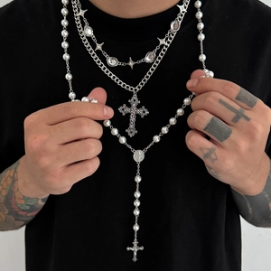 Men's layered necklace set with pearls, crucifix pendants and silver Cuban chains