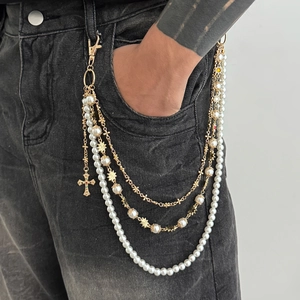 Multi-layer pearl and gold chain pant accessory with star and cross charms for jeans