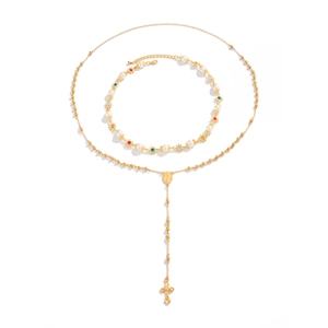 Hip hop pearl cross necklace and colorful gemstone bracelet set for men in gold finish