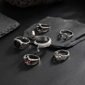 Set di 6 anelli punk vintage in argento da uomo con motivi a serpente, stella e luna