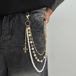 Hip-hop layered trouser chain with pearls, colored rhinestones, and cross pendant