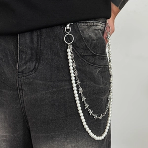 Men's double-layered pant chain with white pearls and silver carved five-pointed stars
