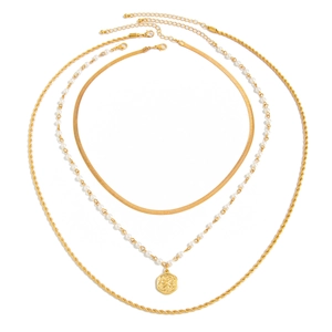 Three-piece gold necklace set with flat snake chain, pearl coin pendant and rope chain