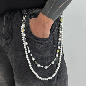 Streetwear double-layer trouser chain with pearls and colored rhinestones for men