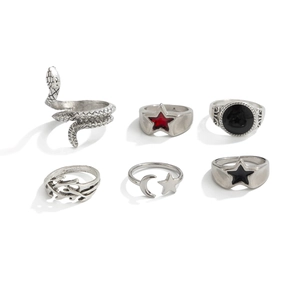 Set di 6 anelli vintage in lega d'argento con motivi punk a serpente, stella e luna