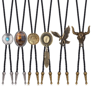 Vintage Western Cowboy Bolo Tie Braided Leather Cord Alloy Pendant Bull Skull Eagle Hat Necktie Retro Necklaces For Men Party Accessory