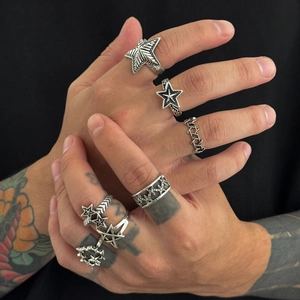 Men Vintage Punk Star Ring Set Antique Silver Plated Gothic Style Alloy Fashion Jewelry Gift Finger Rings