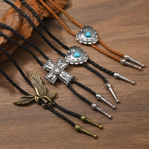 Cravate Bolo Vintage Western Cowboy Alliage Pendentif Aigle Cœur Croix Cordon en Cuir Artificiel Tressé Collier Unisexe
