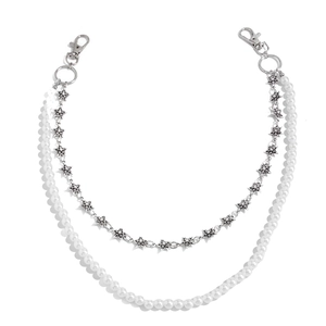 Double-layered hip hop trousers chain featuring white pearls and silver metal stars