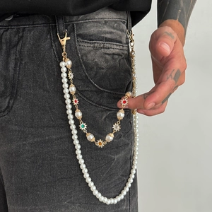 Chaîne de pantalon double couche pour homme avec perles et pendentifs étoiles colorés