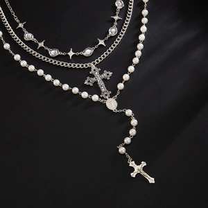 Hip hop multilayer pearl cross necklace with gothic silver pendants for men