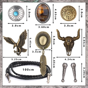 Western cowboy bolo tie set with bull head and eagle charms on black braided leather cords