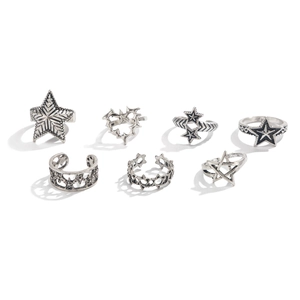 7-piece set of men's vintage silver star rings with star and heart patterns
