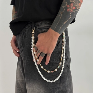 Chaîne de pantalon double couche pour homme en perles et or avec breloques de fleurs