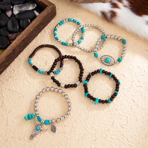 7-piece men's bohemian bracelet set with turquoise beads and vintage metal charms