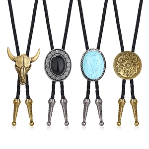 Vintage Western Cowboy Bolo Tie Antique Bronze Bull Head Alloy Pendant Braided Leather Cord Adjustable Necklace Jewelry