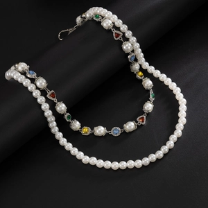 Hip hop double-layer trouser chain with white pearls and colorful crystal gemstones
