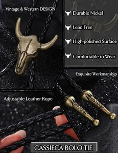 Detailed view of Western bull skull bolo tie with vintage floral metal tips and braided rope