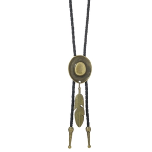 Detail of bronze cowboy hat slide and feather pendant on braided leather bolo tie