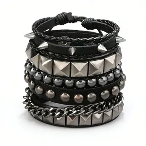 Ensemble de bracelets punk multicouches pour hommes avec clous argentés et chaînes