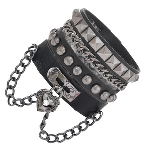 Black multi-layer punk leather bracelet featuring metal studs, chains, and a heart padlock