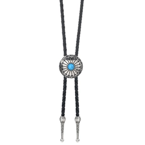 Men's western bolo tie with turquoise stone and silver sunburst metal slider on black leather