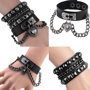 Multi-layer punk leather bracelets with rivets, heart lock, and metal chains for men