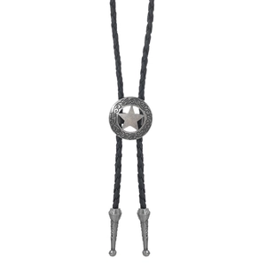 Detailed macro view of Western vintage silver bolo tie with star engraving and braided rope