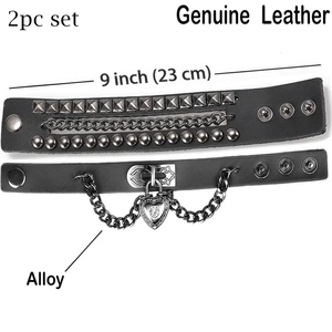 Black multilayer punk leather bracelet set with metal studs and a heart lock charm