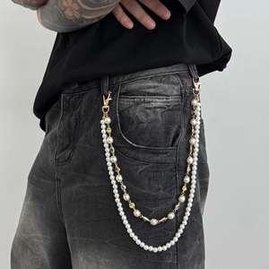 Double-layered gold pants chain with white pearls and multi-colored gemstones for men