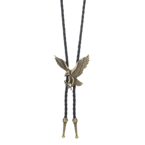 Vintage bronze eagle bolo tie with black braided leather cord and metal tips