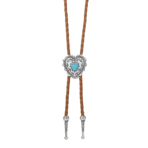 Détail d'un bolo tie coeur vintage avec turquoise bleue et cordon en cuir tressé